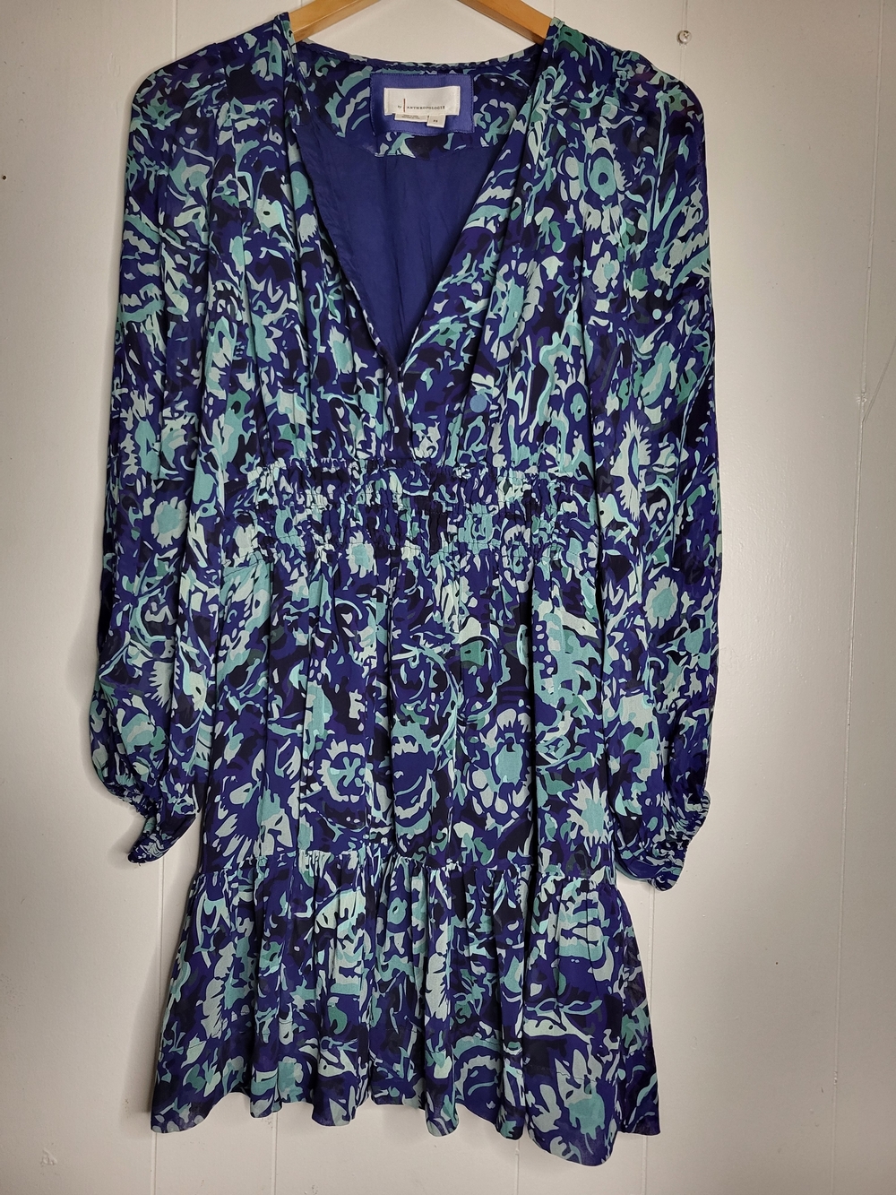 Anthropologie Blue and Teal Floral Print Dress